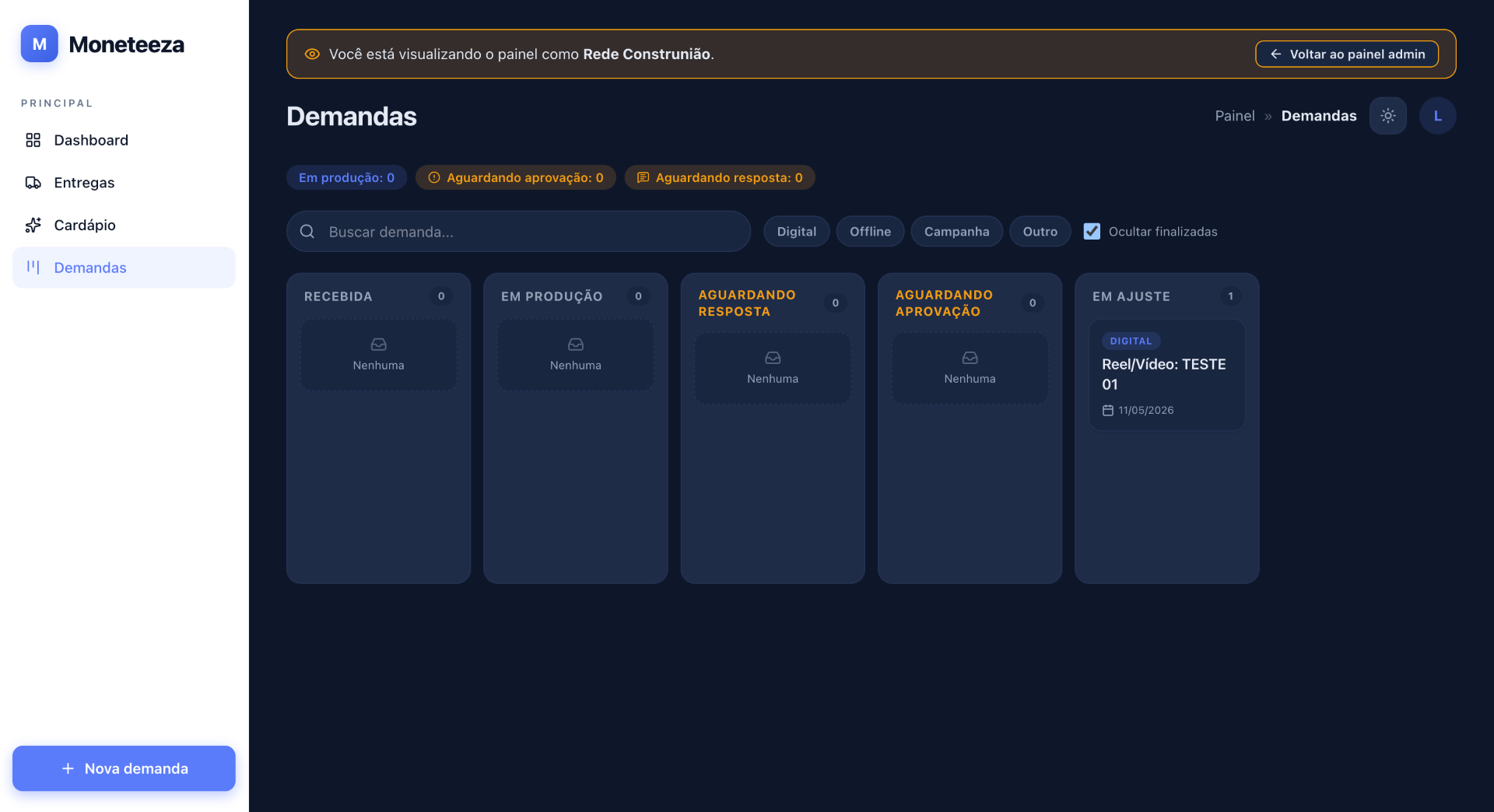 Demandas · kanban em tempo real